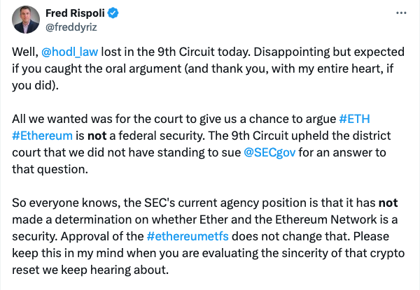 
			Hodl Law не смогла заставить SEC принять решение по классификации Ethereum		